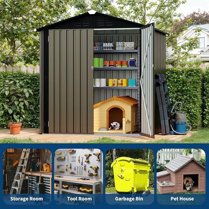 6X4 FT Outdoor Storage Shed, Galvanized Steel Outdoor Storage Shed, 130 Cu Ft Weather Resistant Garden Tool Sheds with Door & Sloped Roof, Multi-Use Shed for Bikes