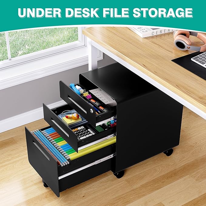 SISESOL 3 Drawer File Cabinet with Lock,Rolling File Cabinets,Under Desk File Cabinet,Three Drawer Filing Cabinet for Home Office with Wheels,Fit A4/Letter/Legal File,Fully Assembled Except Casters
