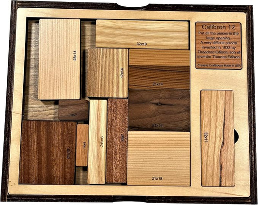 Creative Crafthouse Calibron 12 Impossible Wood Packing Puzzle, Made in USA | Theodore Edison's 1933 design, faithfully reproduced; fit twelve odd rectangles into one solid block, rated 11 out of 10