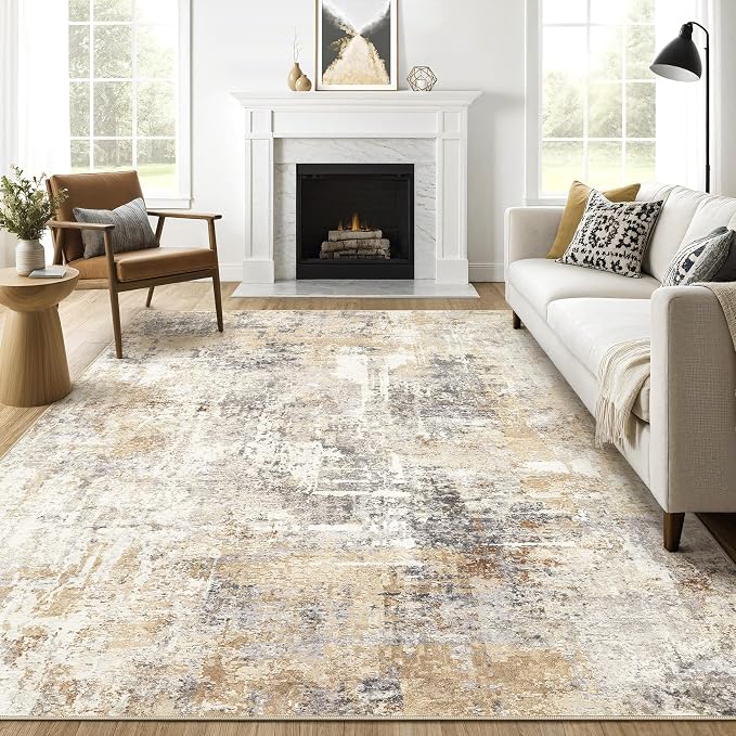 10x12 Area Rug Living Room: Washable Large Abstract Modern Soft Rugs Stain Resistant Indoor Floor Non Slip Accent Carpet for Bedroom Nursery Playroom Office Dining Room Dorm Home House- Gray Gold