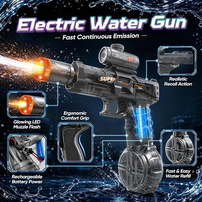 GONINO Electric Water Gun for Kids & Adults, Automatic LED Water Sprayer with Long Range Stream, Leak-Proof Rechargeable Battery Powered Outdoor Pool Toy, Summer Party Gift for Boys Girls, Gray