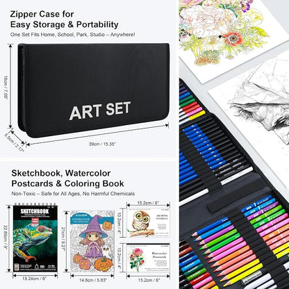 KALOUR 135 Drawing Set Sketching Kit,Art Supplies with 3-color Sketchbook & Coloring Paper,Include Tutorial, Oil Based, Neon,Graphite, Charcoal, Watercolor & Metallic Pencil,for Artist Adults Beginner