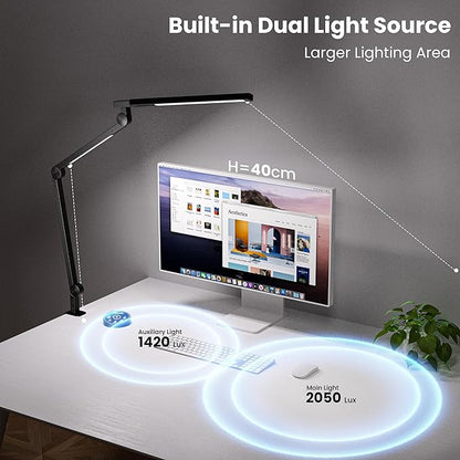 Desk Lamp with Clamp, Eye-Care Swing Arm Desk Lamp, Stepless Dimming & Adjustable Color Temperature Modern Architect Lamp with Memory & Timing Function for Study, Work, Home, Office, 12W