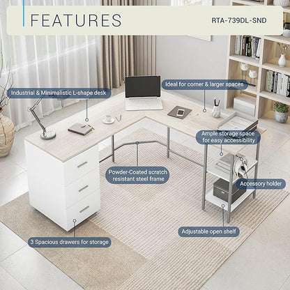Techni Mobili 59" Two-Tone L‑Shaped Office Desk with Storage Shelves, Sand | 59" two‑tone L‑shaped desk with storage shelves, durable frame, modern corner workstation, spacious home office writing space