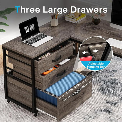 Tribesigns L-Shaped Desk with 3 Drawers, Reversible Corner Home Office Computer Desk with Shelves, 53-Inch Industrial PC Desk Study Writing Table Workstation for Small Space, Grey