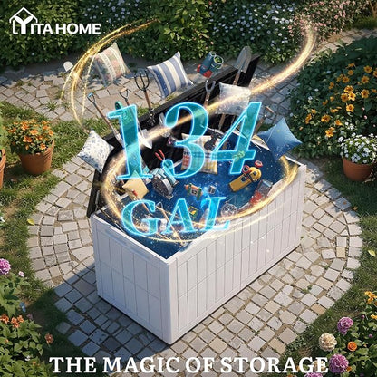 YITAHOME 134 Gallon Large Outdoor Storage Box with Lock | Waterproof Resin Deck Box w/Hydraulic Piston for Garden Tools, Pool Accessories & Cushions(Black & Grayish-White)