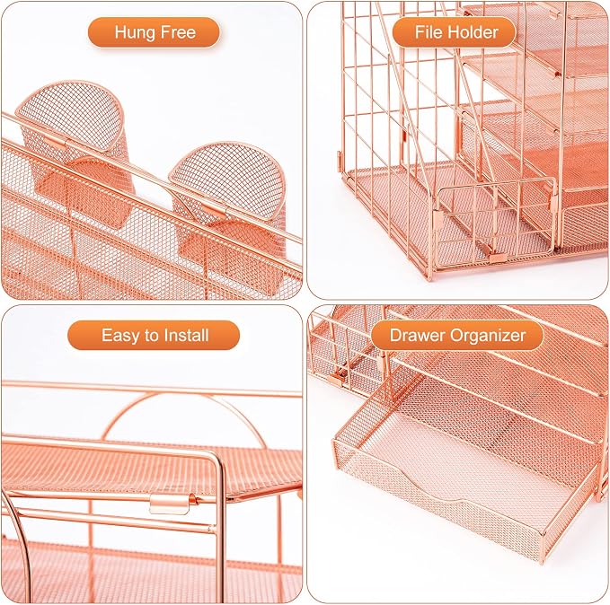 Marbrasse Rose Gold Desk Organizer with File Holder, 5-Tier Paper Letter Tray Organizer and Drawer, Mesh Desktop Storage with Magazine Holder for Office Supplies