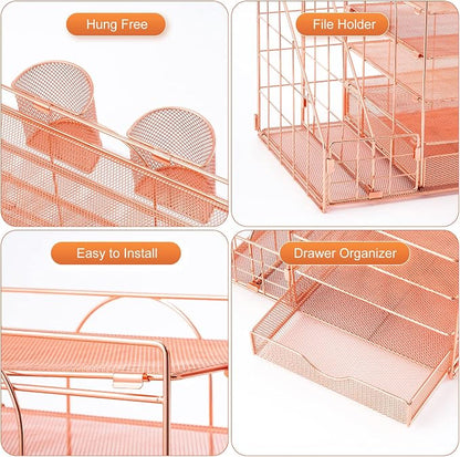 Marbrasse Rose Gold Desk Organizer with File Holder, 5-Tier Paper Letter Tray Organizer and Drawer, Mesh Desktop Storage with Magazine Holder for Office Supplies
