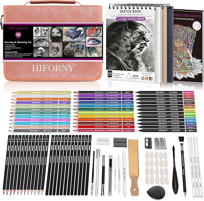 HIFORNY 100 PCS Drawing & Sketching Set, Professional Art Supplies with Graphite,Charcoal, Colored,Watercolor,Metallic Pencils,Blending Tools,Sketchbook and Coloring Book in Zipper Case (Pink)