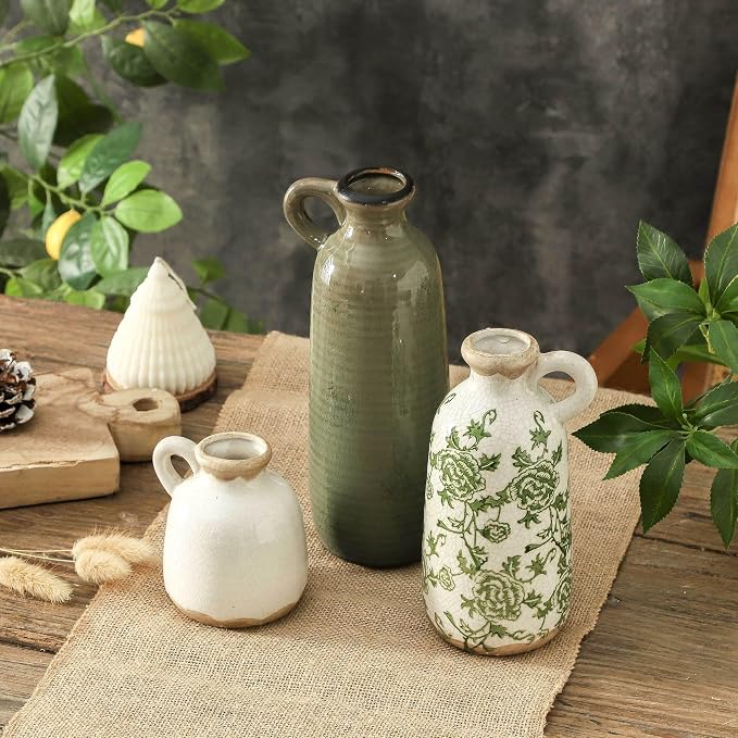 Vintage Vase Set of 3 with Handle, Ceramic Vintage Rustic Vases Home Decor Farmhouse Decorative Vase Pottery Decor Modern for Table Mantel Entryway Bookshelf Living Room Kitchen Bedroom - Green