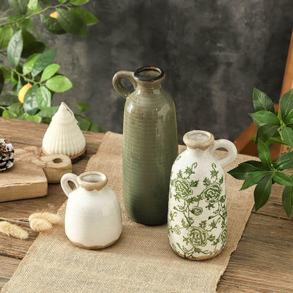 Vintage Vase Set of 3 with Handle, Ceramic Vintage Rustic Vases Home Decor Farmhouse Decorative Vase Pottery Decor Modern for Table Mantel Entryway Bookshelf Living Room Kitchen Bedroom - Green