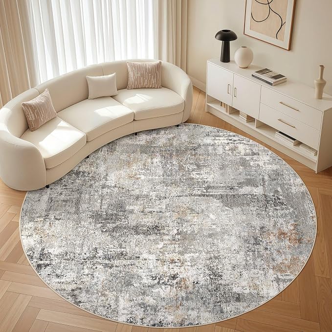8ft Round Rug Living Room Rugs: 8x8 Washable Circle Large Abstract Modern Soft Stain Resistant Non-Slip Indoor Floor Carpet for Bedroom Nursery Office Dining Room Playroom Home House- Gray Rust