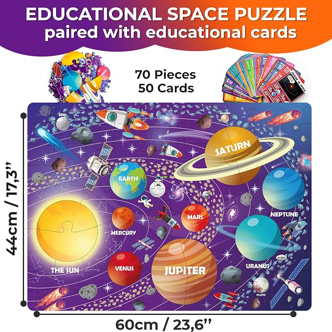 QUOKKA Solar System Puzzles for Kids Ages 4-6 - 70 Pcs Fun Kids Puzzles Ages 5-8 Preschool Floor Activities - Includes 50 Cards with 400+ Space Facts- Planet-Shaped Jigsaw Puzzle Gift for Girls Boys