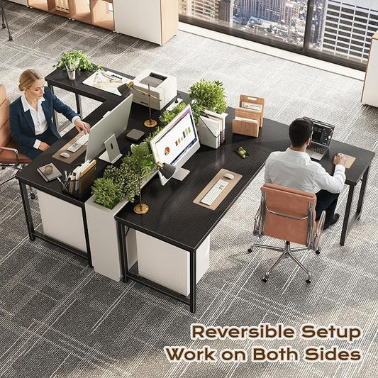 Huuger 55 Inch L Shaped Desk with Power Outlets and USB-C Port, Reversible Computer Desk, Larger Office Corner Gaming Desk, 0.95 Inch Thicker Desktop, Metal Frame, for Home Office, Study, Black