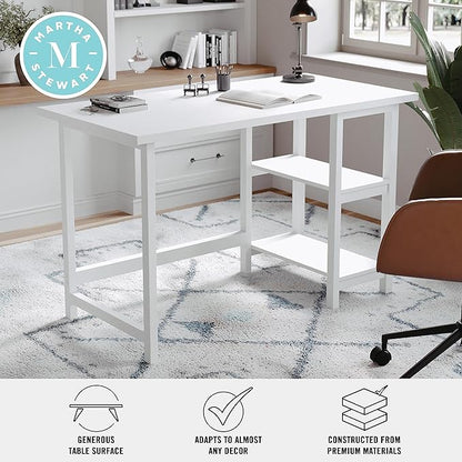 Martha Stewart Beckett Modern Trestle Desk with Open Side Shelving in White Wood Grain Finish