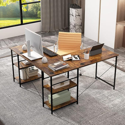L-Shaped Home Office Desk, Corner Computer Desk w/Monitor Stand, Reversible PC Desk w/Heavy-Duty Metal Frame, Long Office Desk for 2 Person, Space-Saving Design (Rustic Brown)