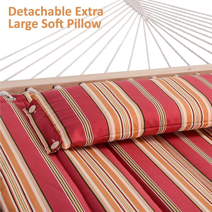 SUNCREAT Outdoor Hammock with Stand, Two Person Quilted Fabric Hammock Swing with 12ft Steel Stand, Red Stripes