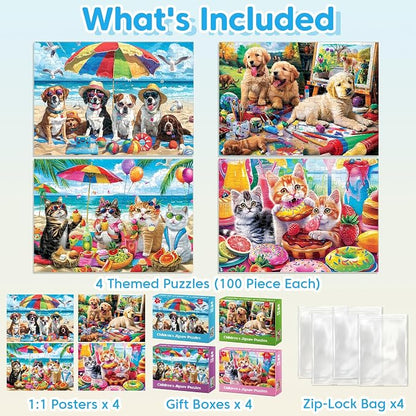 Jeacirio 4 Pack 100 Piece Puzzles for Kids Ages 4-6 6-8 8-10, Dog Cat Jigsaw Puzzles for Kids, Large Piece Educational Puzzle Toys with Posters & Bags, Gifts for Boys Girls