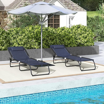Outsunny Folding Chaise Lounge Chair Set of 2, Patio Sun Tanning Chair, Outdoor Chaise Lounger with 4-Position Reclining Back, Breathable Mesh Seat for Beach, Poolside, Dark Blue