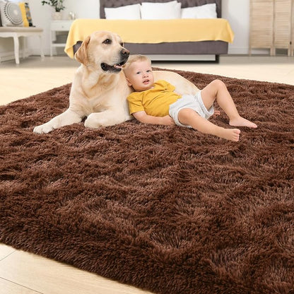 Tepook 9x12 Brown Area Rugs for Living Room Bedroom, Soft Fluffy Plush Shaggy Girls Boys Kids Room Rug, Shag Upgrade Non-Slip Throw Carpet for Dorms Nursery Classroom Home Decor