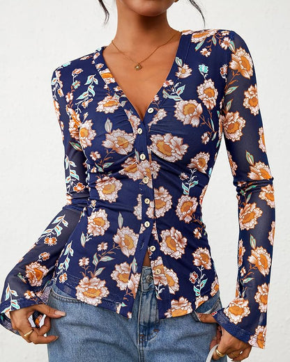 BTFBM Button Down Shirts for Women 2026 Fall Boho Tops V Neck Long Sleeve Blouses Ruched Mesh Fitted Fashion Clothing