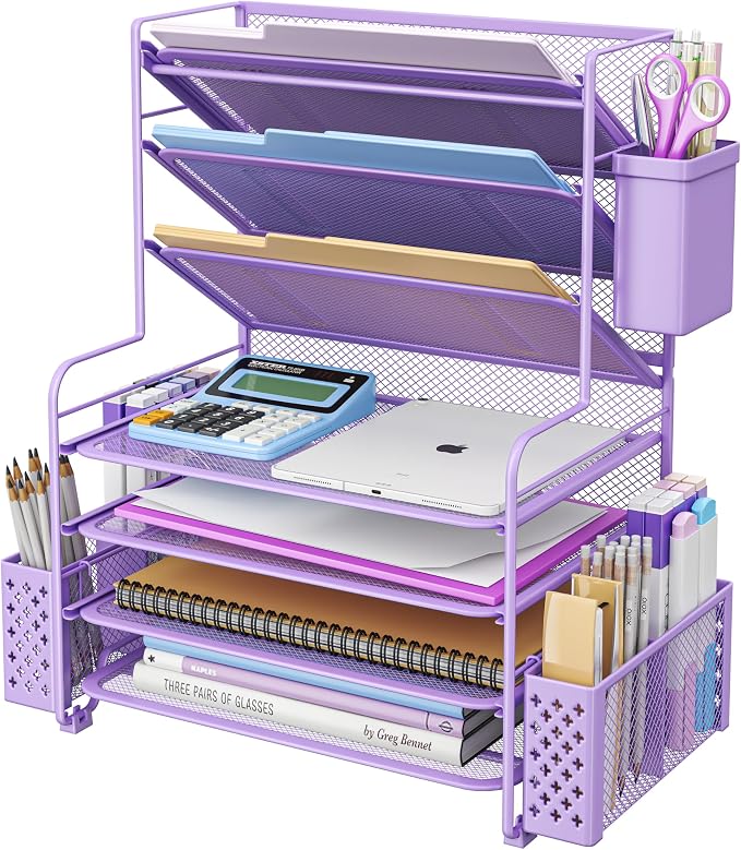 Simple Trending 7 Tier Desk File Organizer, Letter Tray Paper Organizer with Pen Holder and Metal Hanging Basket, Purple