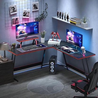 L Shaped Gaming Desk, 51 Inch Computer Corner Table with Large Monitor Stand & Carbon Fiber Surface for Home Office Study Writing Workstation, Black