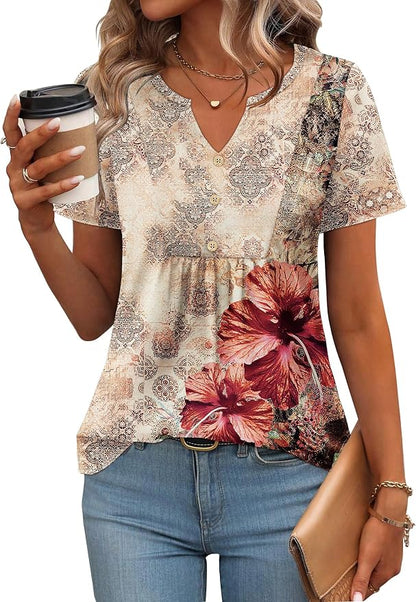 Zeagoo Womens Short Sleeve Tops Summer Henley V-Neck Tshirts Casual Pleated Blouse Dressy Loose Floral Basic Tee