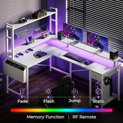 L Shaped Desk Gaming Desk with LED Lights & Power Outlets, Computer Desk with Storage Shelves, Corner Desk Home Office Desks for Bedroom, White