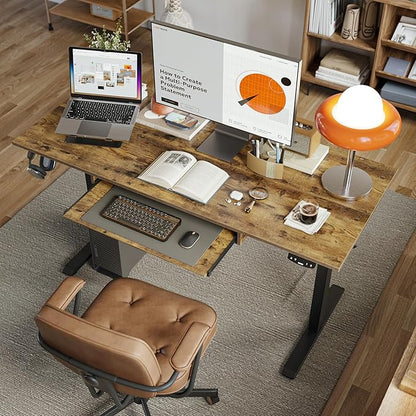 Height Adjustable Desk with Keyboard Tray, 55 x 24 Inches Electric Standing Desk, Stand up Computer Table with Memory Preset, Modern Lift Motorized Gaming Workstation, Rustic Brown