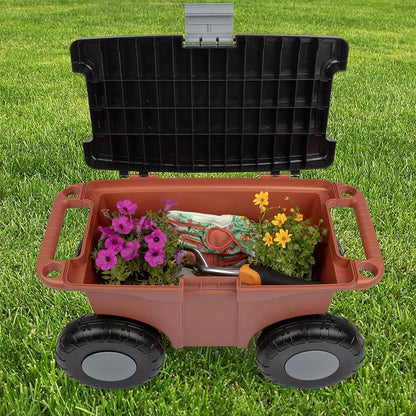 Pure Garden Rolling Garden Cart with Seat - Plastic Storage with Bench and Tool Tray - Gardening Stool for Weeding or Planting (Terracotta)