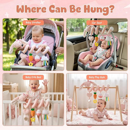 Stuffed Pink Bunny Spiral Car Seat Toys for Babies 0-6 Months, Infant Stroller Toy with Plush Carrot & Star Teether Hanging, Baby Registry Search & Shower Gifts for Newborn Girls