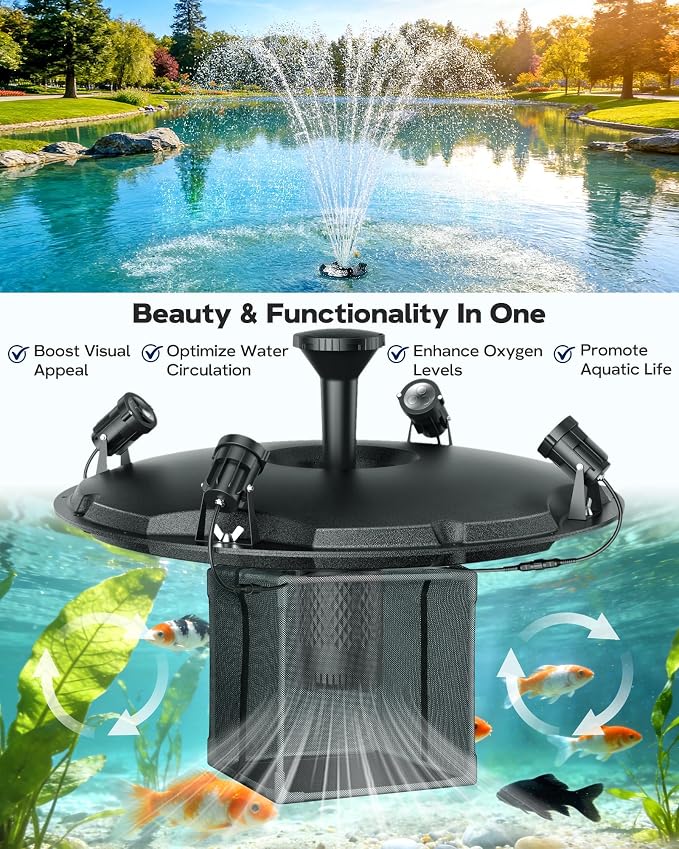 Antfraer Floating Pond Fountain with RGB LED Lights, 1200GPH Pond Fountain for Large Ponds, Remote Control Pond Aerator with 3 Spray Patterns for Water Gardens, Fish Pool & Lakes, 18 Inch Float