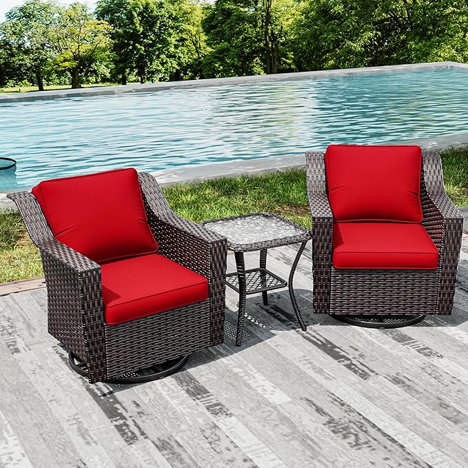 Joyside Wicker Patio Furniture Sets, 3 Pieces Upgraded Large Size Outdoor Furniture with 2 Patio Swivel Chairs and 1 Side Table, Thick Cushions, Wide Armrest
