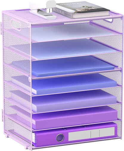 8 Tier Paper Letter Tray Organizer with Handles for Desk (Purple) | Mesh Desk File Holder Storage Organization for Home School Classroom & Office