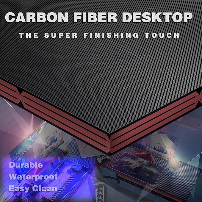 L Shaped Gaming Desk, 51 Inch Computer Corner Table with Large Monitor Stand & Carbon Fiber Surface for Home Office Study Writing Workstation, Black