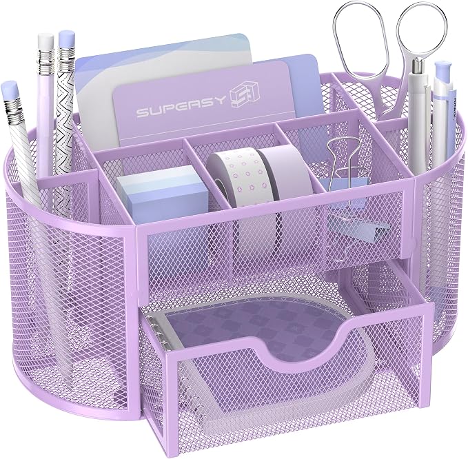 Mesh Desk Organizer with Drawer, 9-Compartment Pen Holder for Desk, Purple | Pull-Out Drawer Stores Pens, Pencils, Clips, Notes, and Small Office or School Supplies in One Compact Desk Caddy