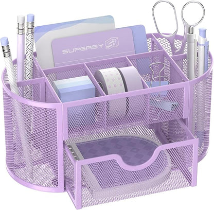 Mesh Desk Organizer with Drawer, 9-Compartment Pen Holder for Desk, Purple | Pull-Out Drawer Stores Pens, Pencils, Clips, Notes, and Small Office or School Supplies in One Compact Desk Caddy