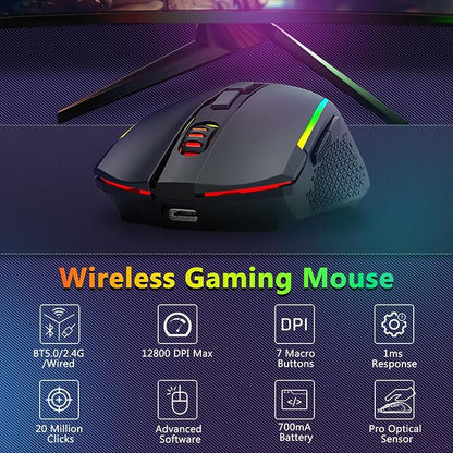 Redragon Wireless Gaming Keyboard and Mouse Combo, 60% Portable, Black | Bluetooth/2.4G/USB-C Wired, RGB Backlit, Quiet Rechargeable Macro Membrane Keyboard & 12800 DPI Mouse for Win/MAC