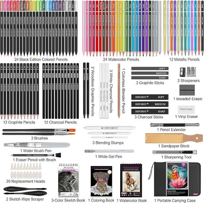 HIFORNY 136 PCS Drawing & Sketching Set,Pro Art Supplies with Graphite,Charcoal,Colored,Watercolor,Metallic Pencils,Blending Tools,Sketchbook,Watercolor Book and Coloring Book in Zipper Case (Black)