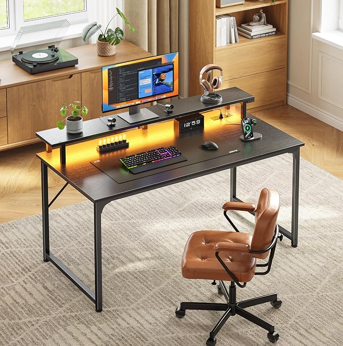 PRAISUN 40 inch Gaming Desk, LED & Power Outlets, Monitor Stand, Black | Sturdy PC Desk for Home Office, Study & Work, LED Lights, 4 AC Outlets & USB-C Charging Station