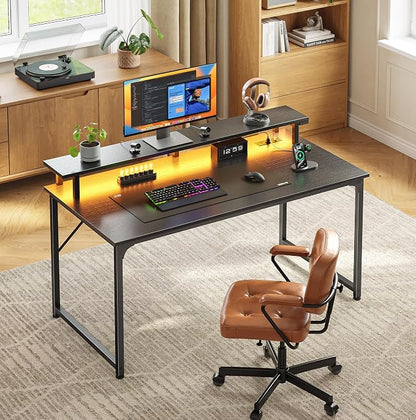 PRAISUN 40 inch Gaming Desk, LED & Power Outlets, Monitor Stand, Black | Sturdy PC Desk for Home Office, Study & Work, LED Lights, 4 AC Outlets & USB-C Charging Station