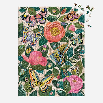 Galison Between The Blooms – 1000 Piece Foil Jigsaw Puzzle Featuring Beautiful Artwork of Butterflies Nestled in Blooming Flowers
