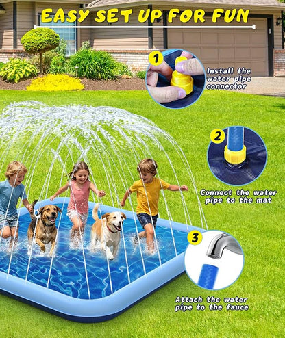 EPN Splash Pad, 127"- 90.5" Size Extra Large Sprinkler Play Mat for Dogs & Kids, Thicker Wading Pool Summer Outdoor Water Toys, Fun Backyard Fountain Play Pad for 3 Age+ Girls Boys Children & Pets