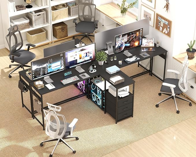 YOSHOOT 2 Person Computer Desk, 87" Long Gaming Desk for 2 People | Double Desk with 3 Fabric Drawers and 2 Power Outlets, Home Office Table for Adults and Teenagers, Black