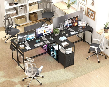 YOSHOOT 2 Person Computer Desk, 87" Long Gaming Desk for 2 People | Double Desk with 3 Fabric Drawers and 2 Power Outlets, Home Office Table for Adults and Teenagers, Black