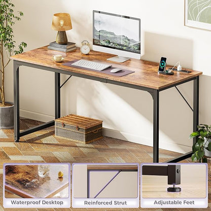 PRAISUN 63 X 24 Inch Computer Desk, Power Outlets, USB-C, Rustic Brown | Office Desk with 4 AC Outlets, USB & USB-C, Sturdy Metal Frame, Spacious Desktop for Work, Writing, Study & Gaming