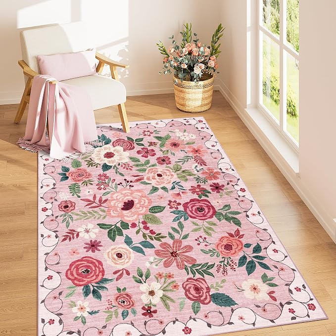 DUKINO 4x6 Area Rug, Floral Rugs for Living Room, Lightweight Non Slip Washable Rug, Indoor Low Pile & Non-Shedding Boho Design Rugs for Bedroom, Living Room, Dining Room, Pink