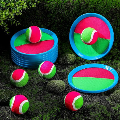 Charniol Kids Toys Toss and Catch Game Set Beach Game Outdoor Ball Sports Games Toss and Catch Ball Nylon Toys for Kids Adults(Pink, Green,Light Blue,12 Paddles 6 Balls)