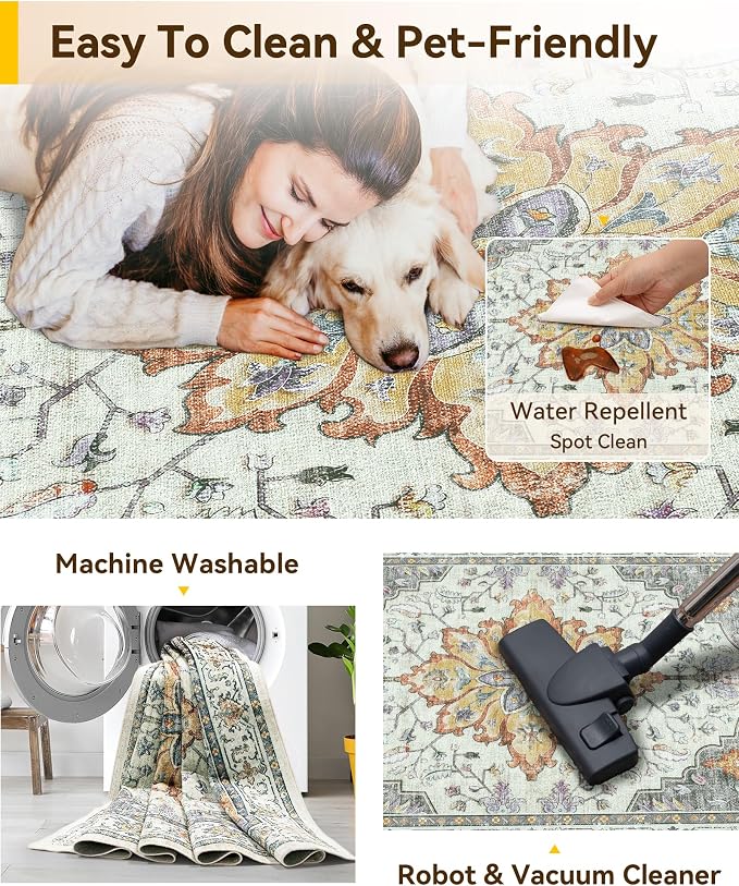 RELEANY Area Rugs Large 10'x14' Washable Non-Slip, Floral Vintage Distress Medallion Carpet for Living Room Bedroom Dining Room, Beige Carbon Grey Orange